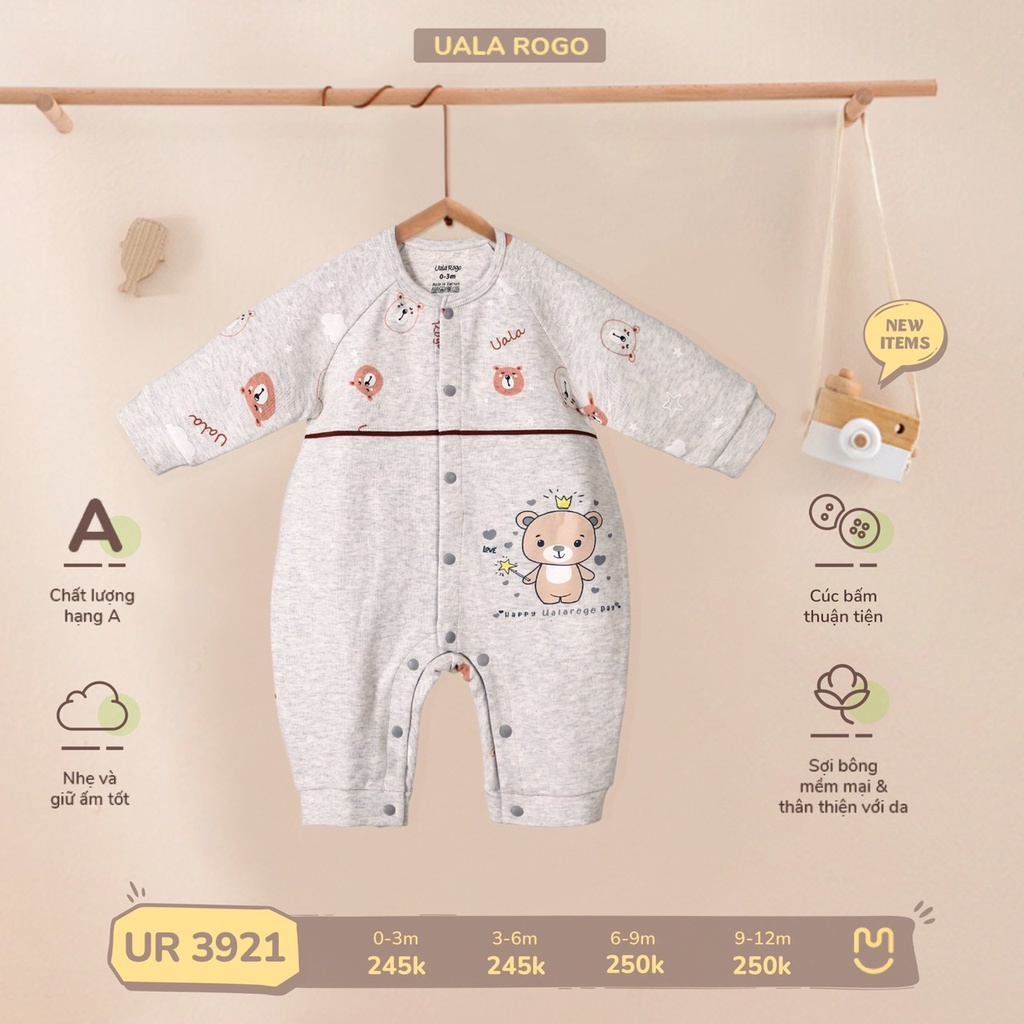 Body Uala Rogo cotton dài tay cúc giữa gấu vương miện cao cấp mềm mịn thấm hút tốt cho bé trai bé gái 3921