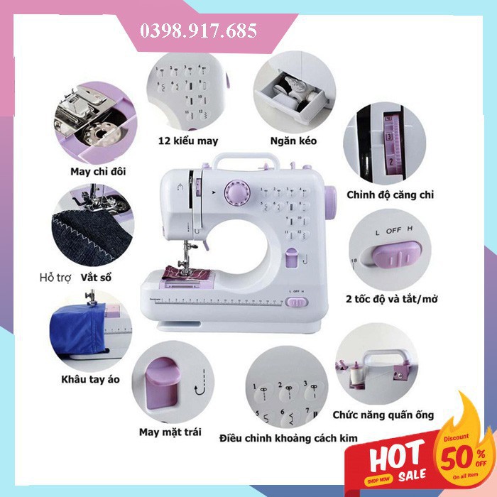 Máy may mini, Máy khâu gia đình - Máy may mini gia đình 12 kiểu may đầy đủ phụ kiện kèm theo - SALE CỰC SỐC