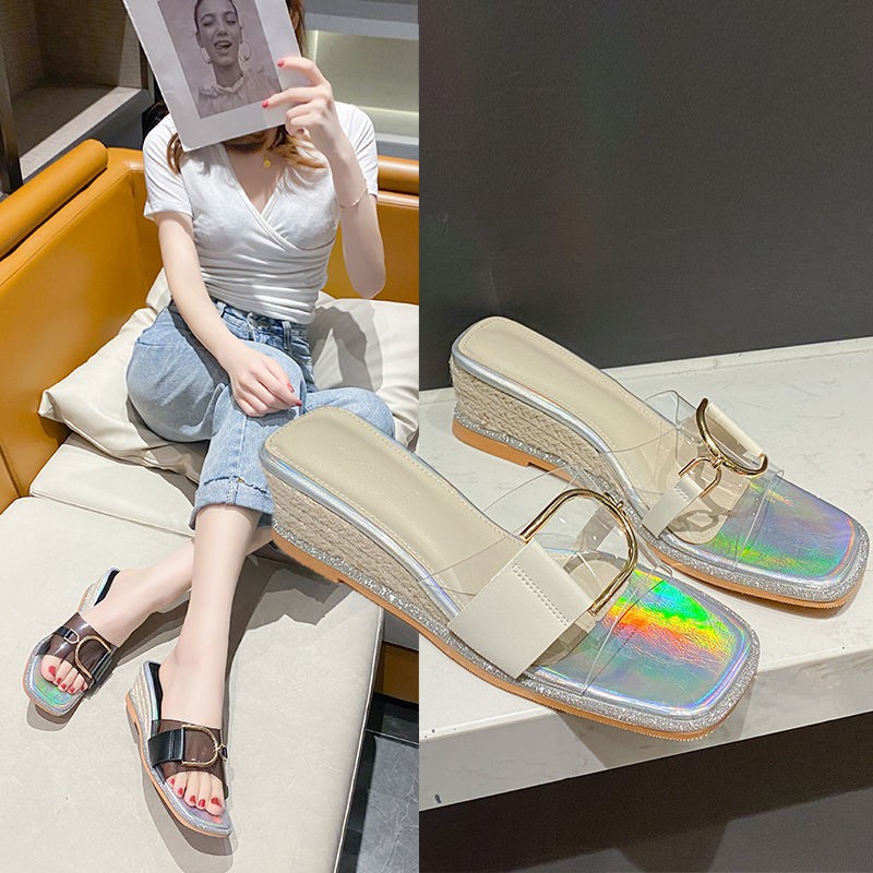 ☢Wedge Sandals and Slippers Women s Summer Outing Wear 2021 New Wild Fashion Transparent High Heels Trifle Platform Flip-Flops