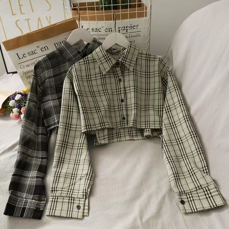 Áo Khoác Sơ Mi Ngắn Tay Dài Eo Cao Họa Tiết Kẻ Ô Màu Đen Thời Trang Mùa Thu Dành Cho Nữ