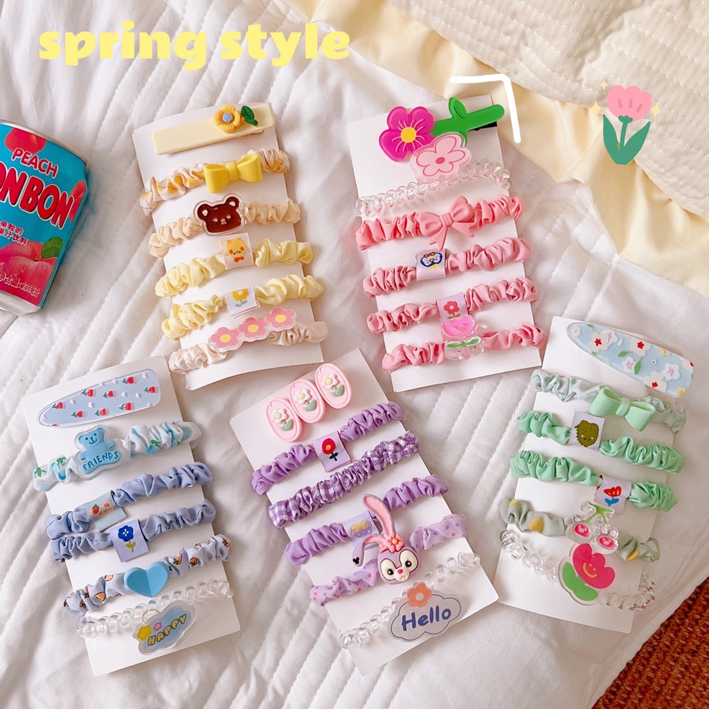 Set 6 Dây Cột Tóc Cao Su Co Giãn Tốt Họa Tiết Hoạt Hình Dễ Thương Cho Nữ