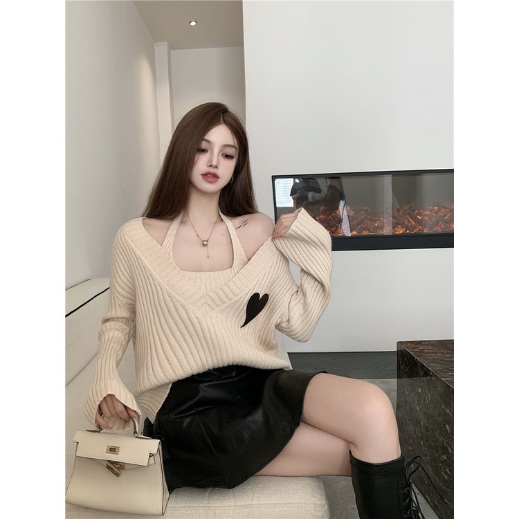 áo len cổ chữ V trễ vai + chân váy da thời trang nữ (có bán lẻ)