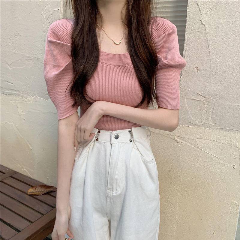 Áo Dệt Kim Tay Phồng Ngắn Cổ Vuông Dáng Ôm Kiểu Pháp Thời Trang Cho Nữ