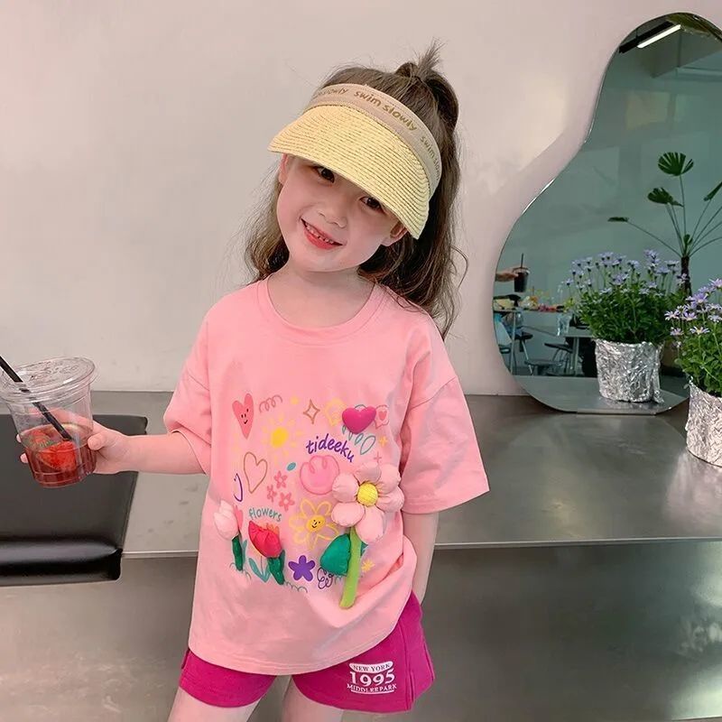 Set Áo Thun Ngắn Tay + Quần Short In Hoa Mới Cho Bé Gái