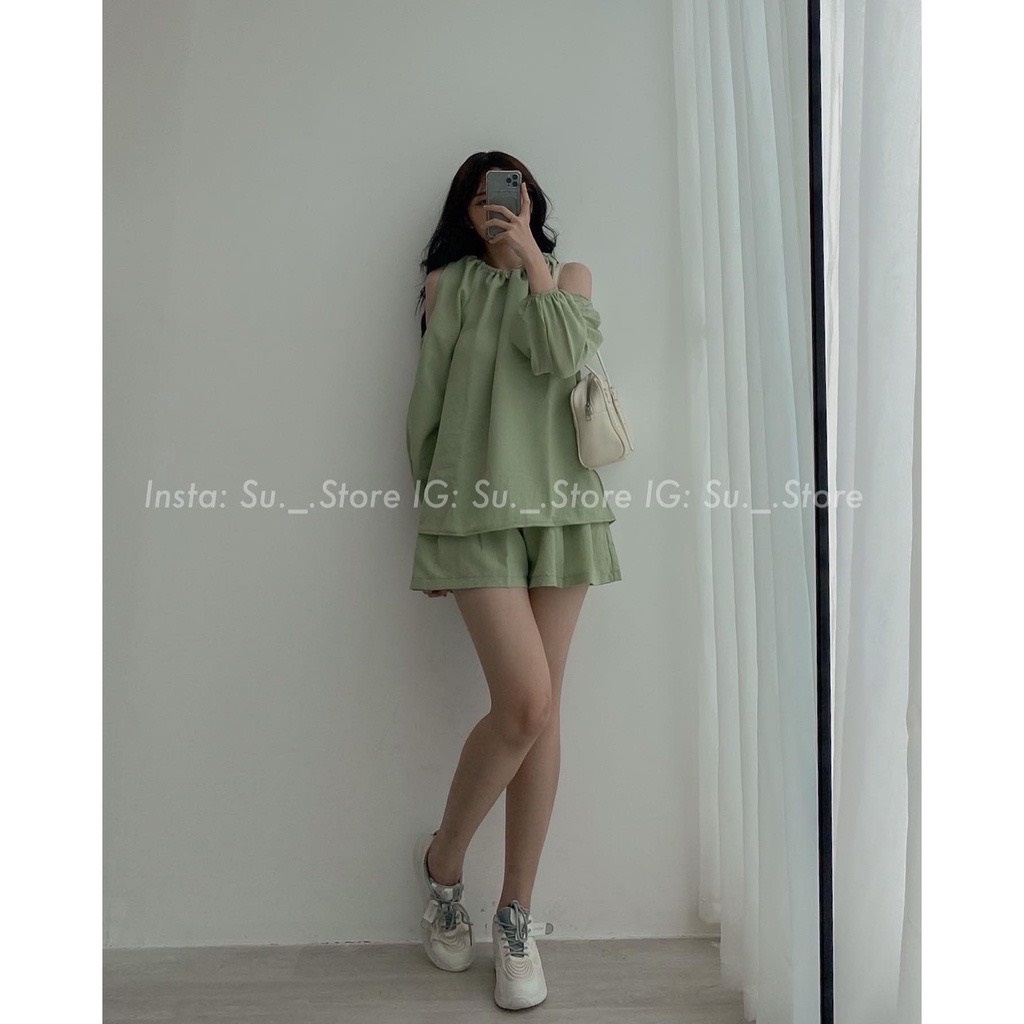 Set Áo Khoét Vai Buộc Nơ Phối Quần Sooc Form Rộng Xanh Bơ Siêu Xinh