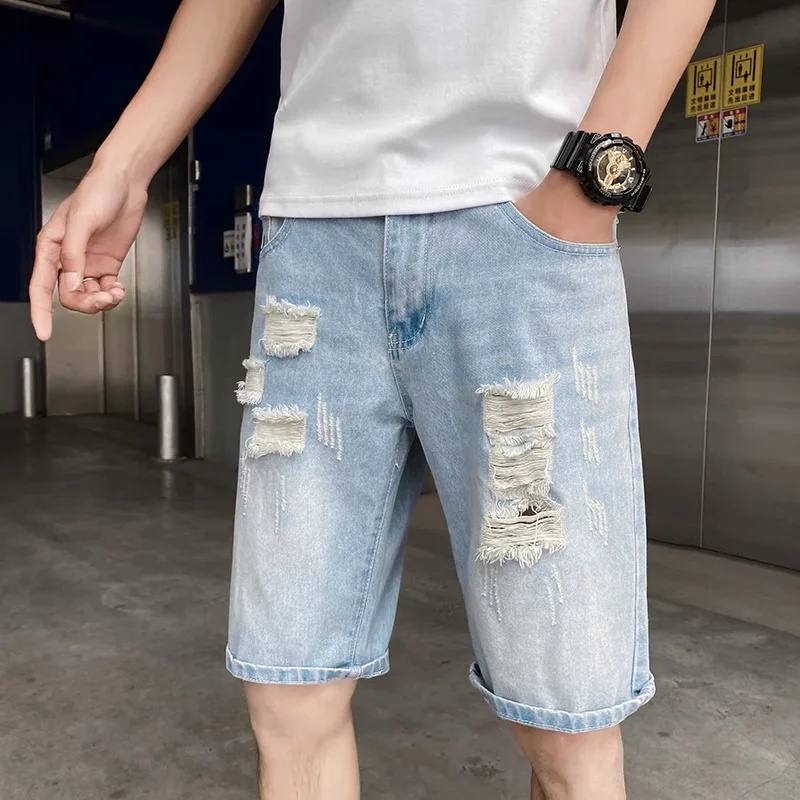 Quần Short Jean Ống Rộng Rách Gối Phong Cách Hàn Quốc Thời Trang Cho Nam Và Nữ Size Lớn-2Xl