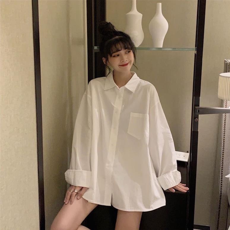 Áo Sơ Mi Trắng Dài Tay Túi Ngực- Áo Sơ Mi Đi Học Chất Dày Đẹp Unisex Form Rộng Ulzzang Hottrend