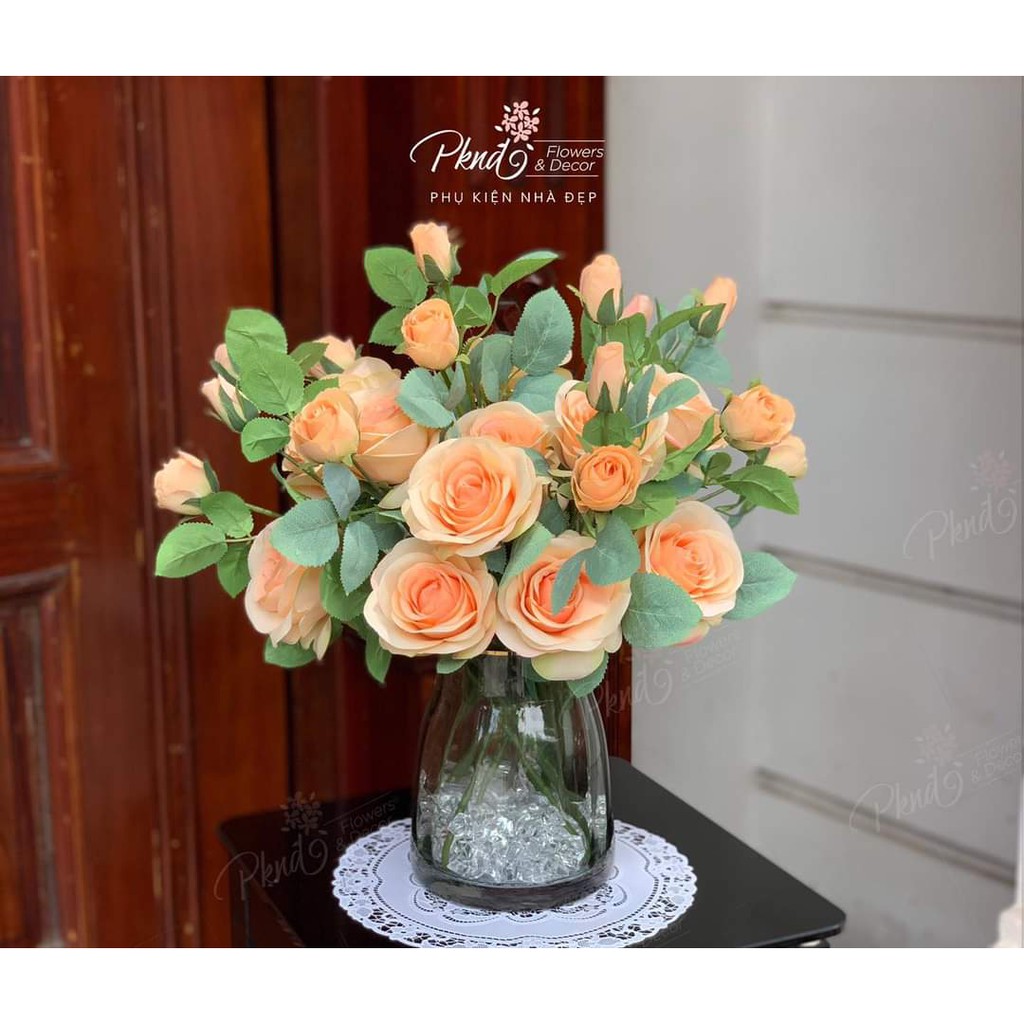 Bình hoa giả hồng cam lụa trang trí phòng khách đẹp PKND FLOWERS & DECOR BH31