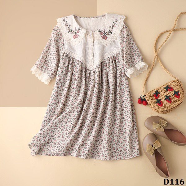 D116 - ENDA KISUHI Đầm Linen Hoa Nhí Thêu Hoa Nghệ Thuật Nhật Bản