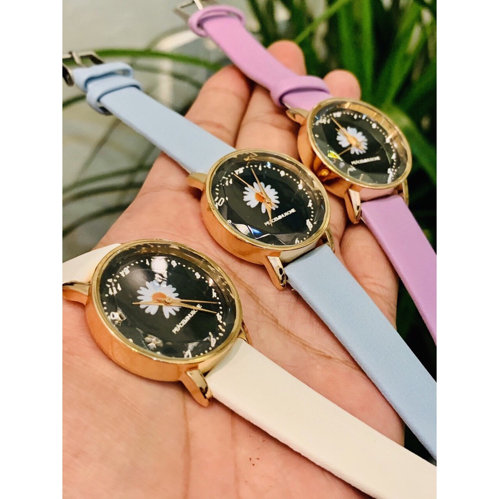 Đồng hồ thời trang nữ Candycat hoa cúc dây da mặt đen K6630