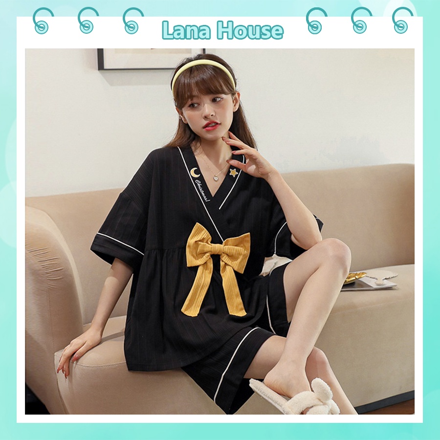 Đồ ngủ kimono tiểu thư mặc nhà cao cấp tay cộc quần cộc chất cotton gân tăm mềm mịn BCC21