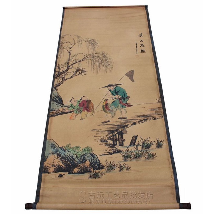 Tranh giả cổ KHÊ SƠN NGƯ TIỀU, Tranh giấy xuyến chỉ viền bo lụa size lớn 155 x 74cm