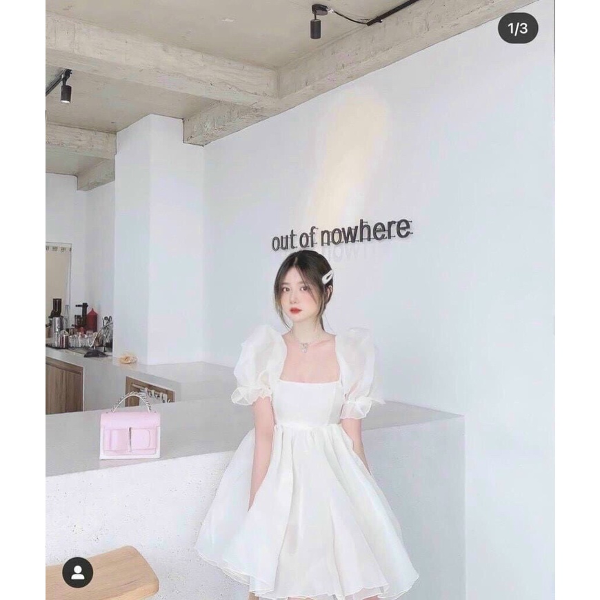 Đầm babydoll voan trắng tay phồng cổ u dáng xoè