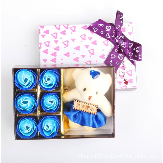 Hộp Quà Gấu Kèm 6 Hoa Hồng Sáp Các Màu, Thiệp - Quà Tặng Người Yêu, Người Thân,  Valentine, Mùng 8/3, Dịp Đặc Biệt