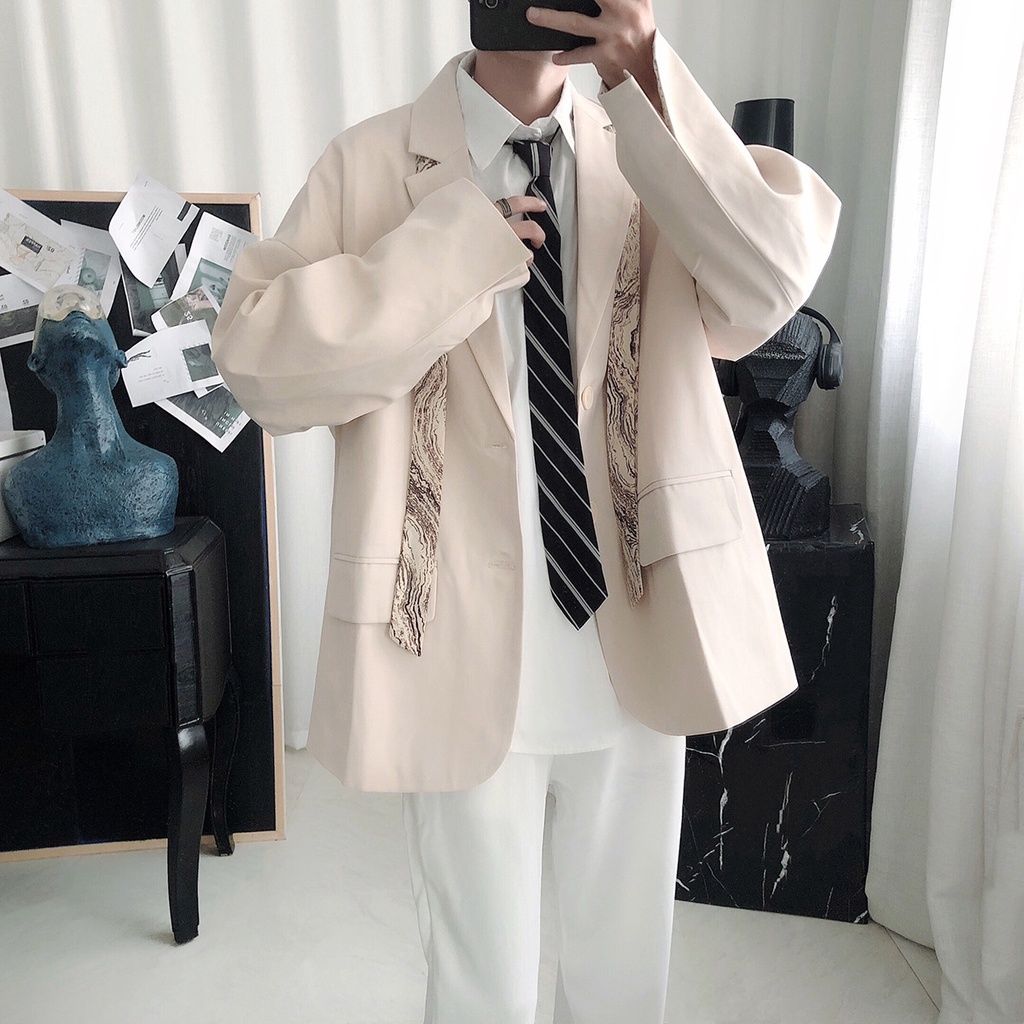 Áo Khoác Vest Tay Dài Dáng Rộng Phối Cà Vạt Kiểu Preppy Cá Tính Cho Nam