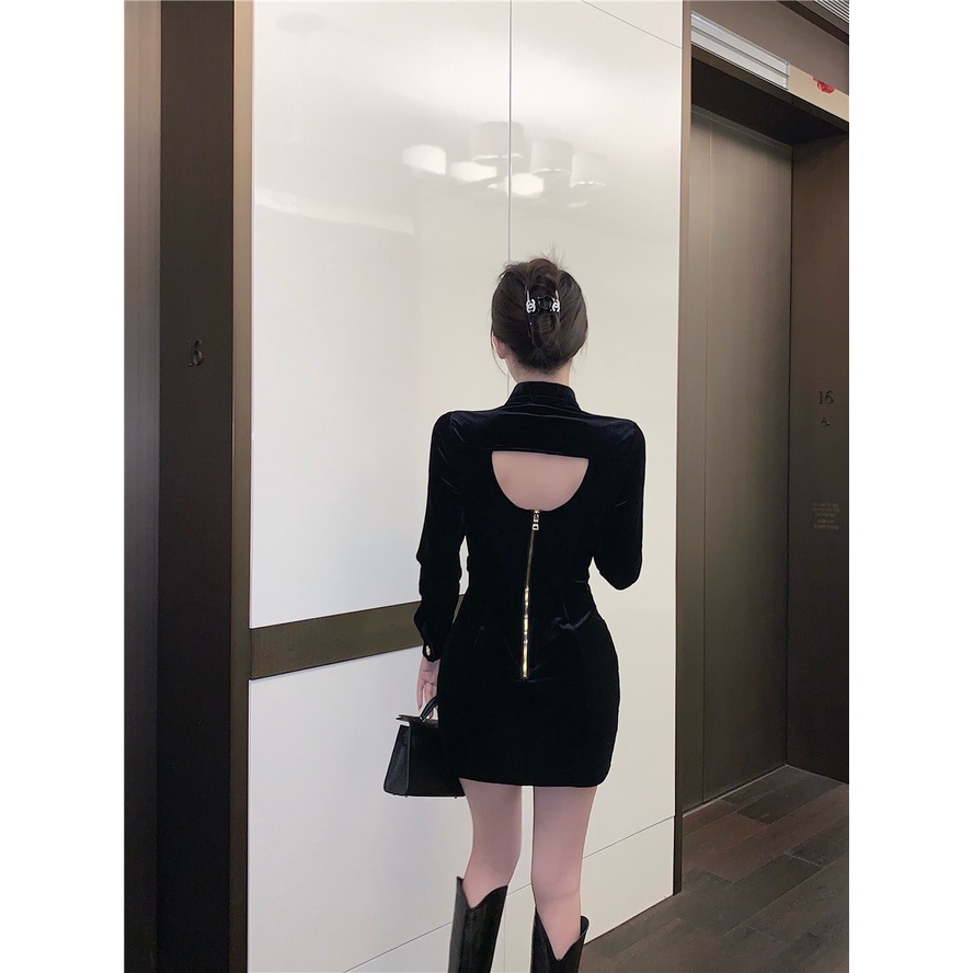 Đầm nhung nữ dài tay phong cách tiểu thư sang trọng khí chất thanh lịch hàng Quảng Châu cao cấp