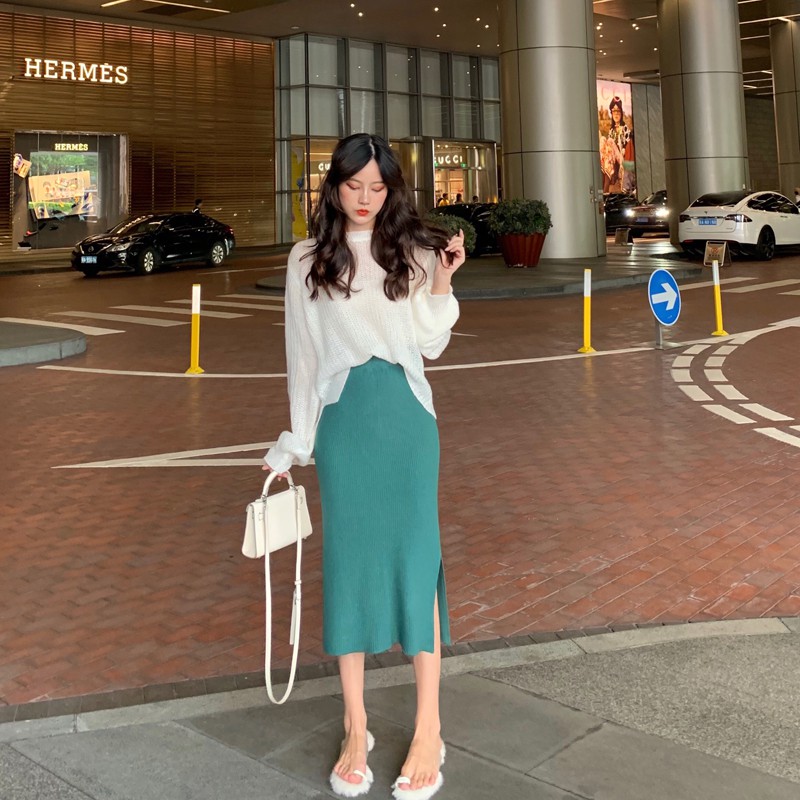 Chân Chân Váy Dệt Kim Dáng Chữ A Lưng Cao Xẻ Tà Thời Trang Cho Nữ | BigBuy360 - bigbuy360.vn