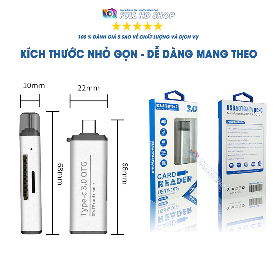 Hub Chuyển Đổi Type C sang USB 3.0 Tích hợp Đầu đọc thẻ SD/Micro SD chân Type C - Full HD Shop Mã HD09