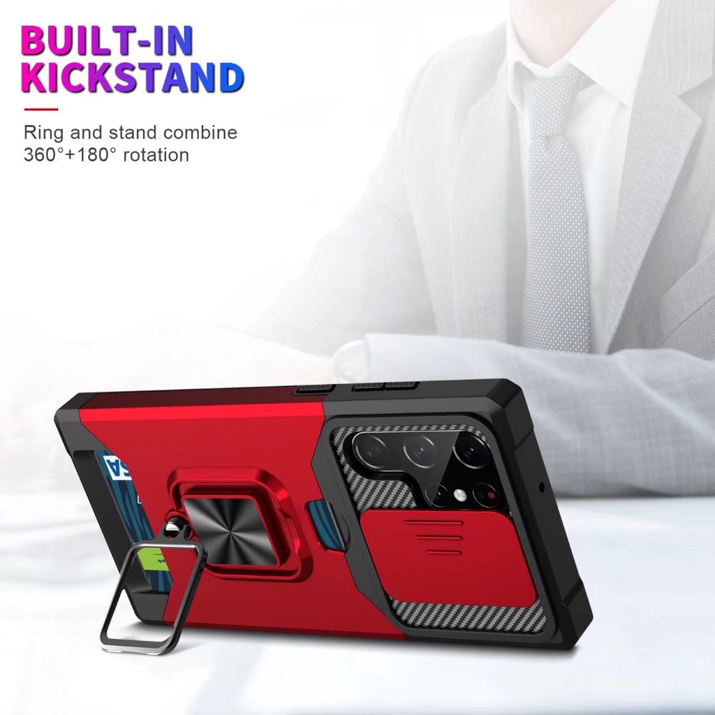 Card Holder Wallet Phone Case For Samsung Galaxy S22 Plus S22 S22 Ultra S21 S30 S21 Plus S21 Ultra Shockproof Protection Slide Camera Metal Ring Magnetic Car Cover