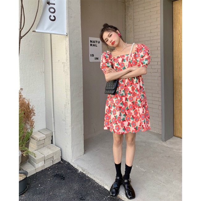 Đầm suông babydoll hoa đỏ cổ vuông đi dạo đi chơi siêu xinh xắn