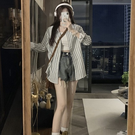 【ZHELIHANGFEI】Áo Sơ Mi Chống Nắng Tay Dài Dáng Rộng Họa Tiết Kẻ Sọc Thời Trang Cho Nữ