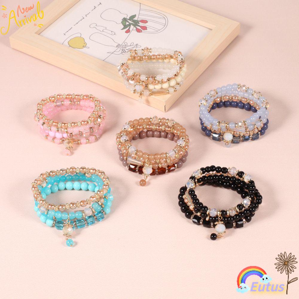 ❥EUCA❥ 4pcs/set Jewelry Gift Bracelet Charm Multilayer Bangles Women Beach Fashion Bohemian Summer|Beads/Multicolor
