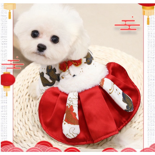 Thời Trang Thú Cưng Năm Mới Chó đỏ Váy Mèo Dễ Thương Chúc May Mắn Koi Mùa Thu Đông Quần áo ấm