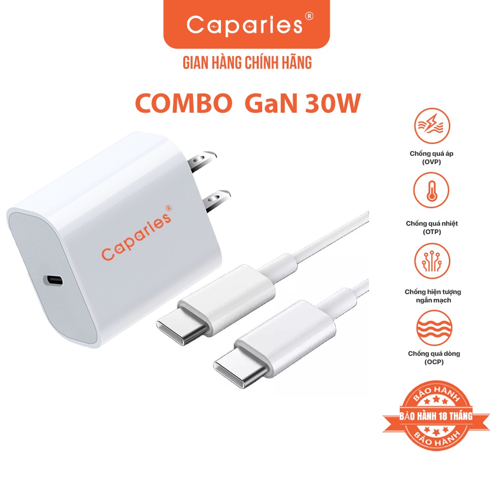 Combo Củ và Cáp Sạc Nhanh Gan 30W CAPARIES CBGAN30W dùng cổng USB-C  - Hàng Chính Hãng