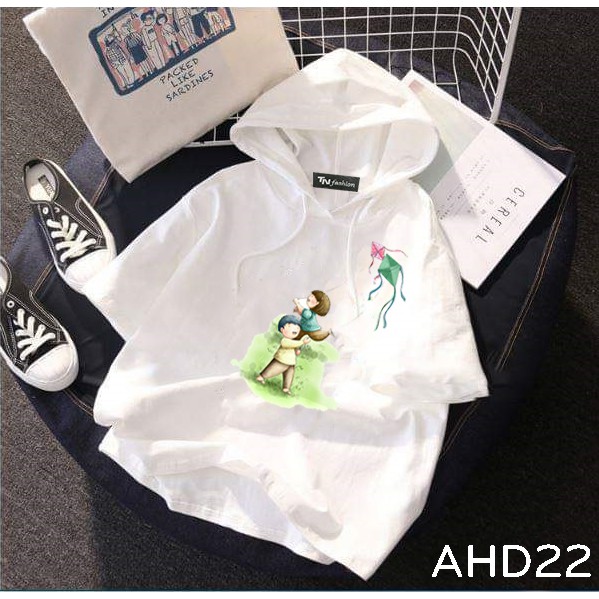 AHD22 Áo thun HOODIE TAY LỠ CÓ NÓN hình thiếu nhi thả diề
