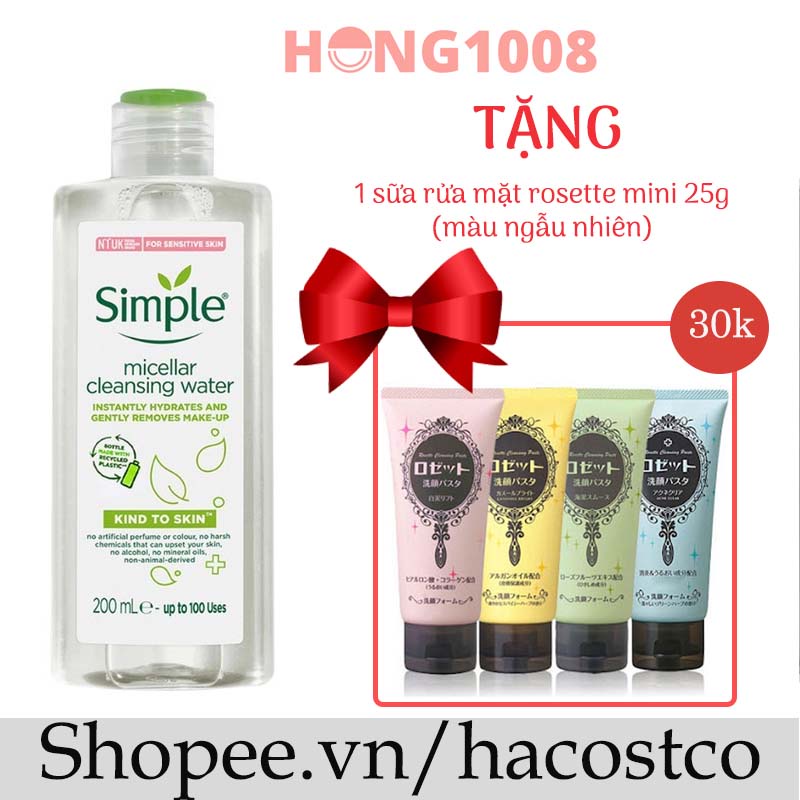 Nước tẩy trang Simple Micellar Cleansing Water Kind to Skin 200ml - Sử dụng được da nhạy cảm