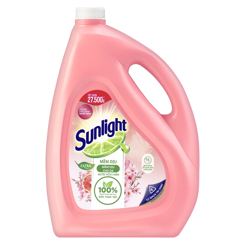 Nước Rửa Chén Bát Sunlight Mềm Dịu Da Tay Hương Bưởi & Hoa Anh Đào 3.6kg