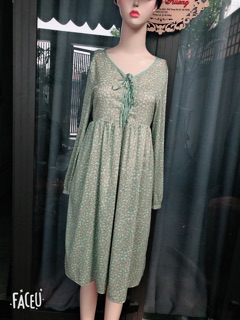 Đầm voan tay dài họa tiết vintage combo