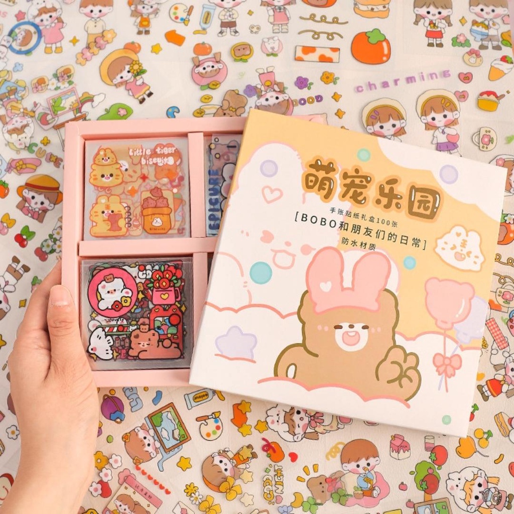 Sticker dán gấu vàng dễ thương trang trí bình nước, điện thoại nhựa PET siêu dính chống nước