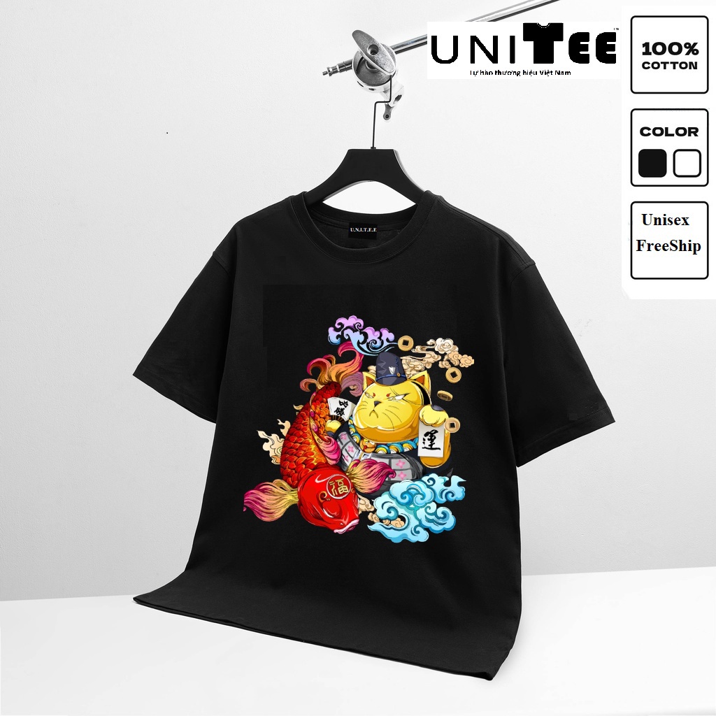 Áo thun tay lỡ Form rộng UT566 ❤️ UniTee ❤️ Áo phông Unisex nam nữ 45-60kg đen trắng in hình Mèo Thần tài FortuneCat | BigBuy360 - bigbuy360.vn