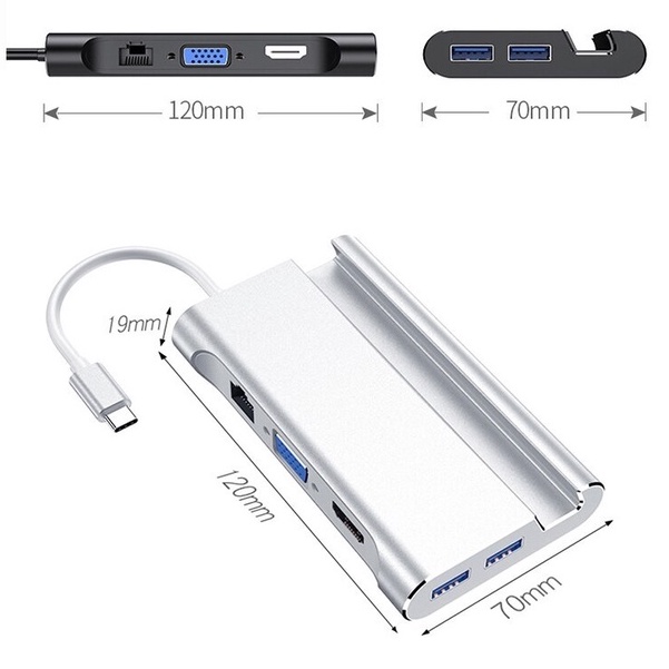 HUB Kiêm Dock Type-C Ra HDMI,VGA,LAN,3 Cổng USB 3.0 Hỗ Trợ Power Delivery