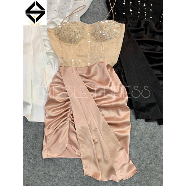 Đầm body dự tiệc 2 dây kết cườm TRIPBLE T DRESS - size M/L ( kèm ảnh/ video thật ) MS150Y