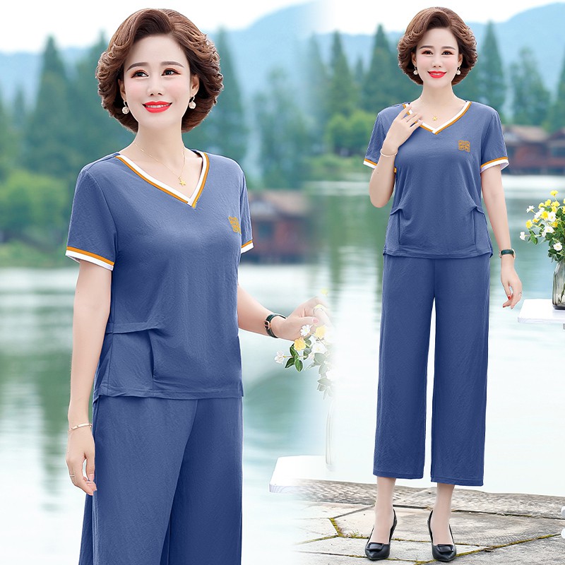 Middle-Aged Women's Mother Summer Short-Sleeved T-Shirt 2021 Early Spring New Sports Clothes Middle-Aged Qi Suits