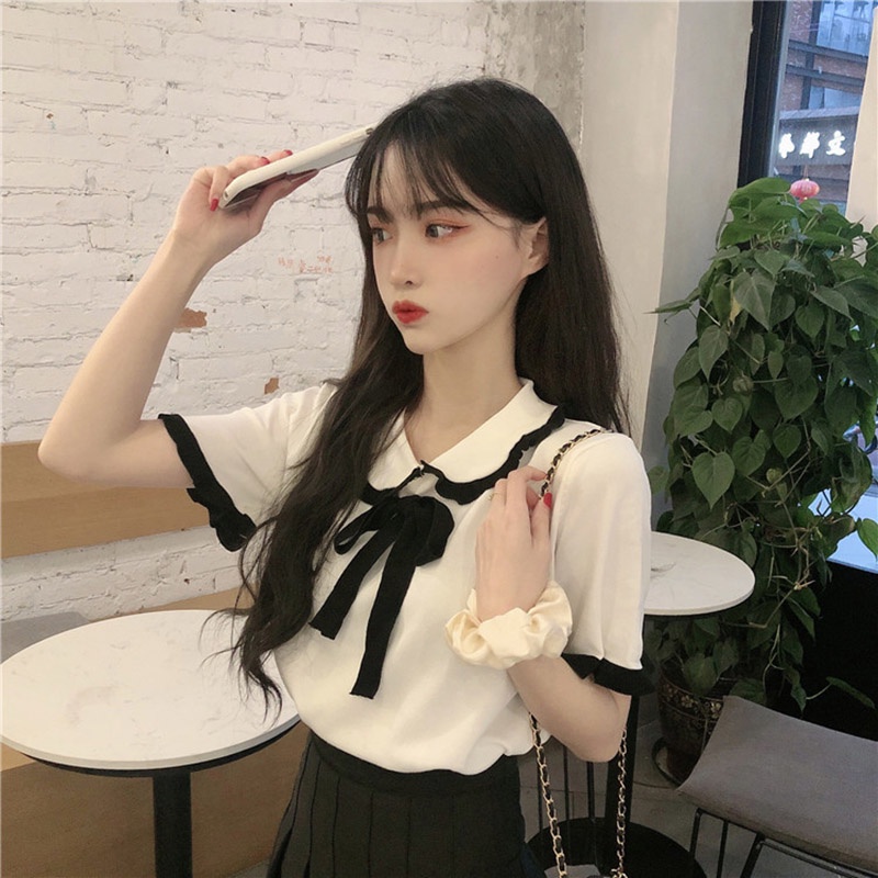 Áo thun Ielgy tay ngắn dáng rộng cổ áo búp bê trẻ trung hợp thời trang cho nữ