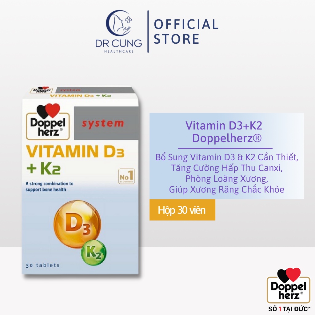 Vitamin D3 K2 - Bổ Sung Vitamin D3, Vitamin K2, Phòng Loãng Xương, Tăng Hấp Thu Canxi (Hộp 30 Viên) [Chính Hãng Đức]