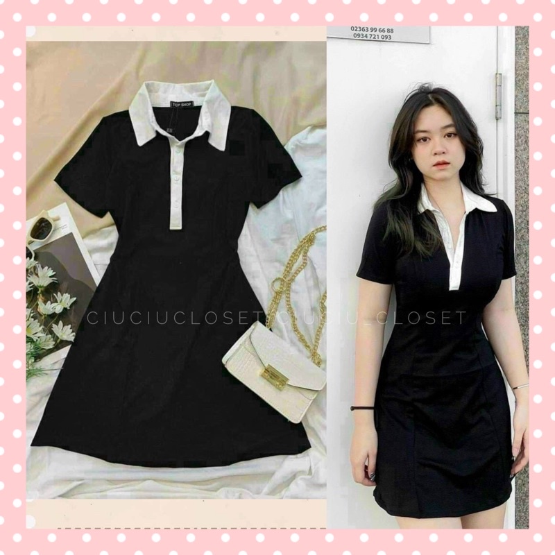 Đầm Thun Đen Cổ Sơ Mi Viền Trắng Chất Thun Dày Dặn ( Hàng Sẵn)