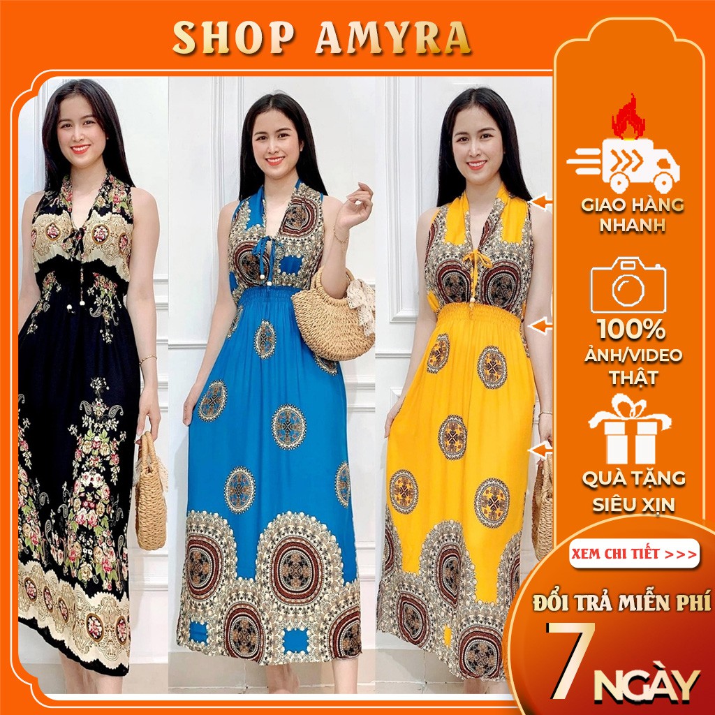 Đầm maxi đi biển hở lưng [FREE SHIP] VÁY maxi 2 dây xẻ tà dáng Suông vải lanh thái - AMYRA MX006