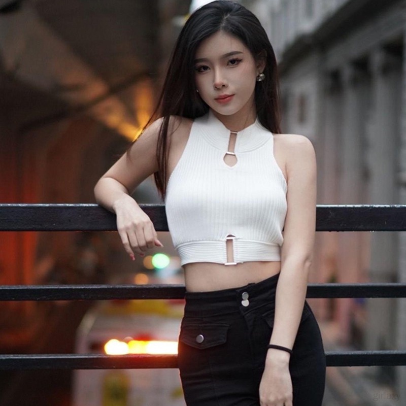 Áo Croptop Dệt Kim Màu Trơn Khoét Lỗ Thời Trang Nữ Tính