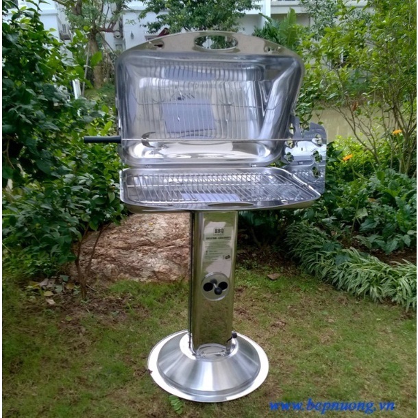 Bếp nướng than hoa BBQ không khói ngoài trời LM285 vỉ 60x42cm  có nắp đậy, xiên quay thịt hàng VN xuất EU