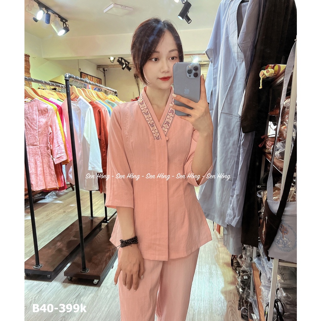 QUẦN ÁO PHẬT TỬ CAO CẤP - pháp phục nữ vải đũi Nhật mát nhẹ - áo lam đi chùa cổ V không thêu lên dáng đẹp B40