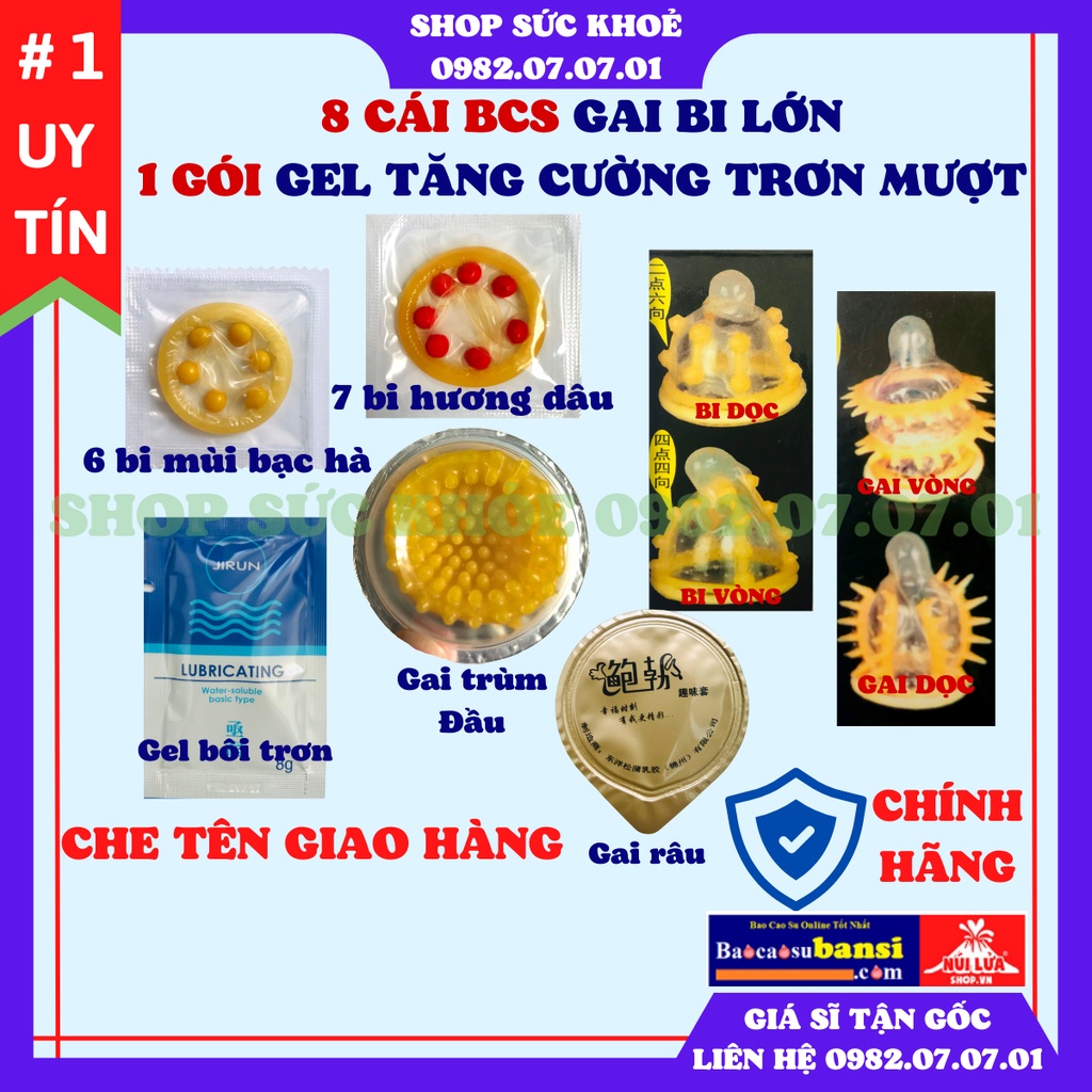 Bao cao su Bi Gai Volcano, hộp 8 cái BCS+1 gói gel bôi siêu trơn mượt, Với tinh năng gai bi lớn tổng hợp độc đáo nhất.