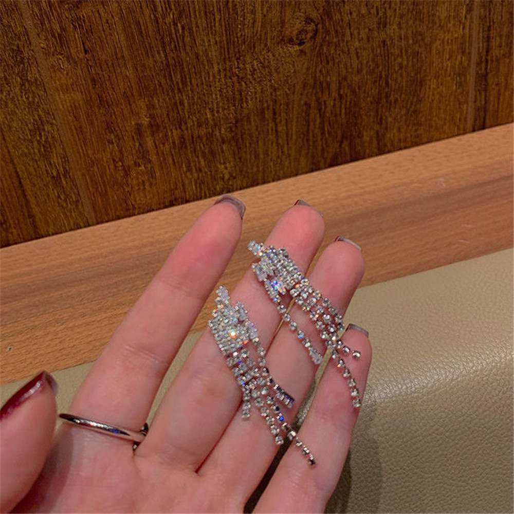 Bông Tai Mạ Bạc 925 Dáng Dài Đính Đá Zircon Phong Cách Hàn Quốc Thời Trang Cho Nữ