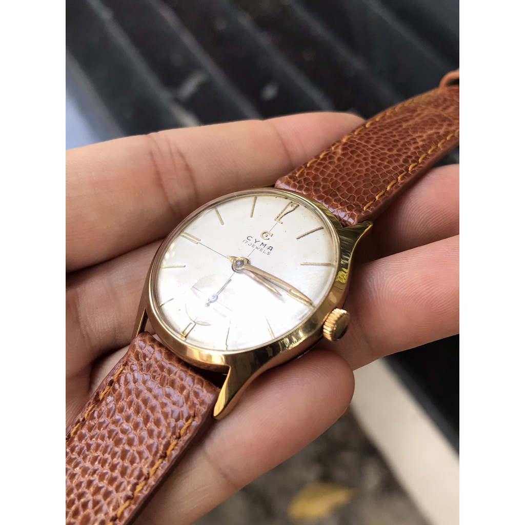 Đồng hồ nam CYMA cơ cót, có kim trôi, niềng mạ vàng, thiết kế đơn giản thanh lịch, dây da - Chính hãng