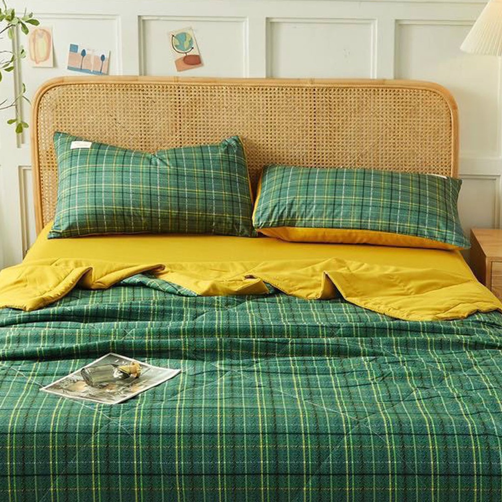 Bộ chăn ga gối cotton tici chăn trần EMMI Bedding mẫu kẻ xanh rêu  grap nệm thun lạnh Hàn Quốc Drap giường đệm đủ size