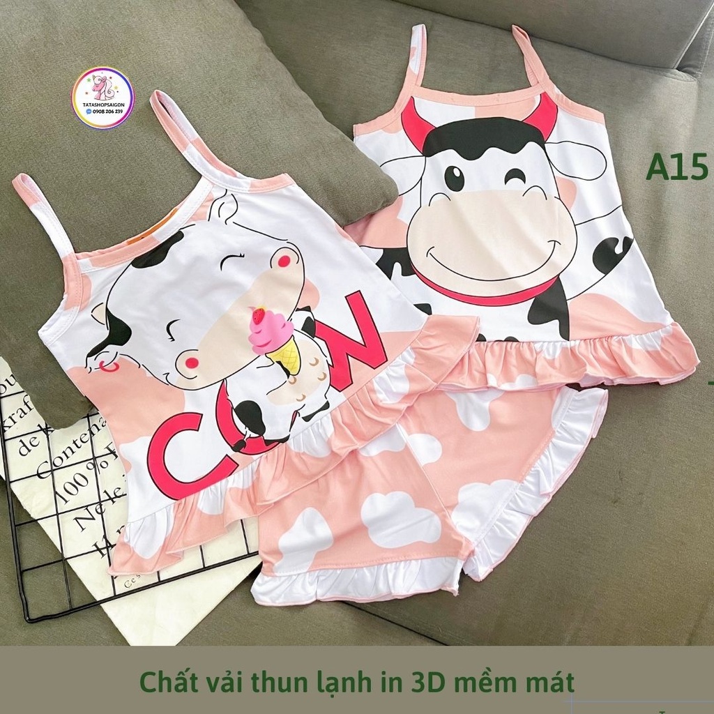Đồ bộ hai 2 dây bé gái thun lạnh 3D hoạt hình size đại 20 đến 42kg A15