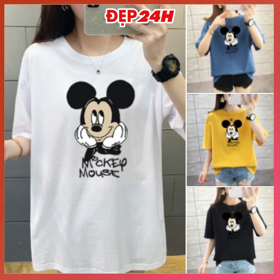 Áo thun nam nữ form rộng tay lỡ, Áo phông unisex in hình Mickey Mouse, chất liệu thun Cotton co giãn